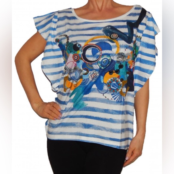 Desigual Women’s Striped Butterfly Sleeve T Shirt - Size XXL - Picture 2 of 12